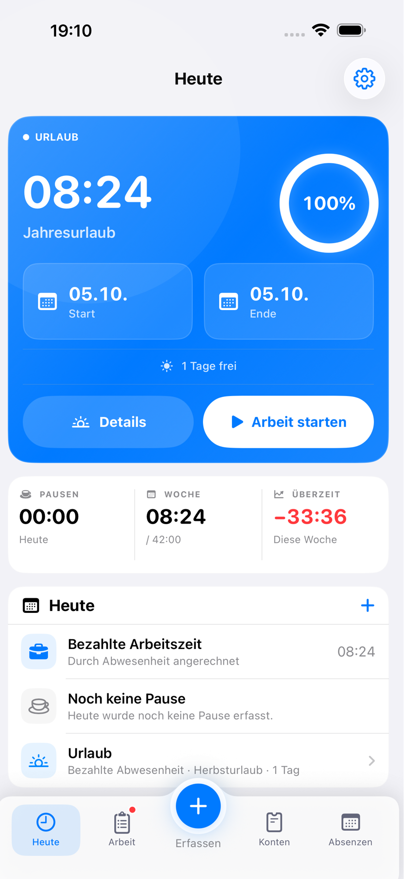 Timivo-Tagesansicht mit laufender Mittagspause, Pausentimer und Schaltfläche zum Fortsetzen