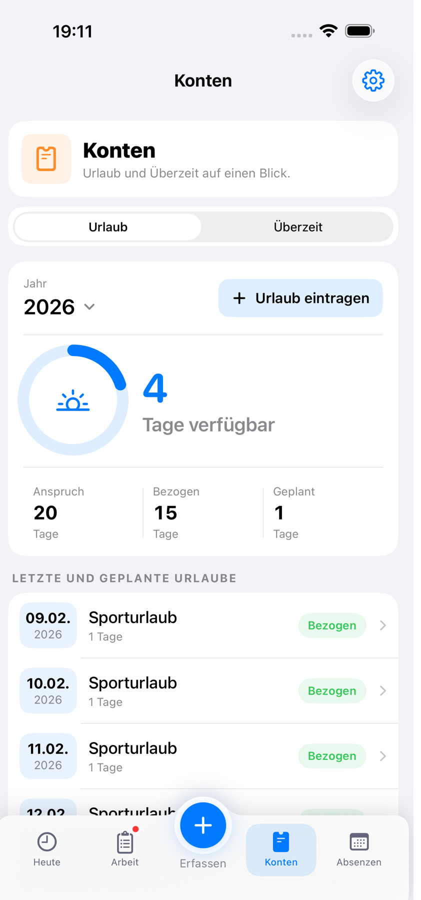 Timivo-Kontenansicht mit verfügbaren Urlaubstagen, Jahresanspruch und Urlaubsbuchungen